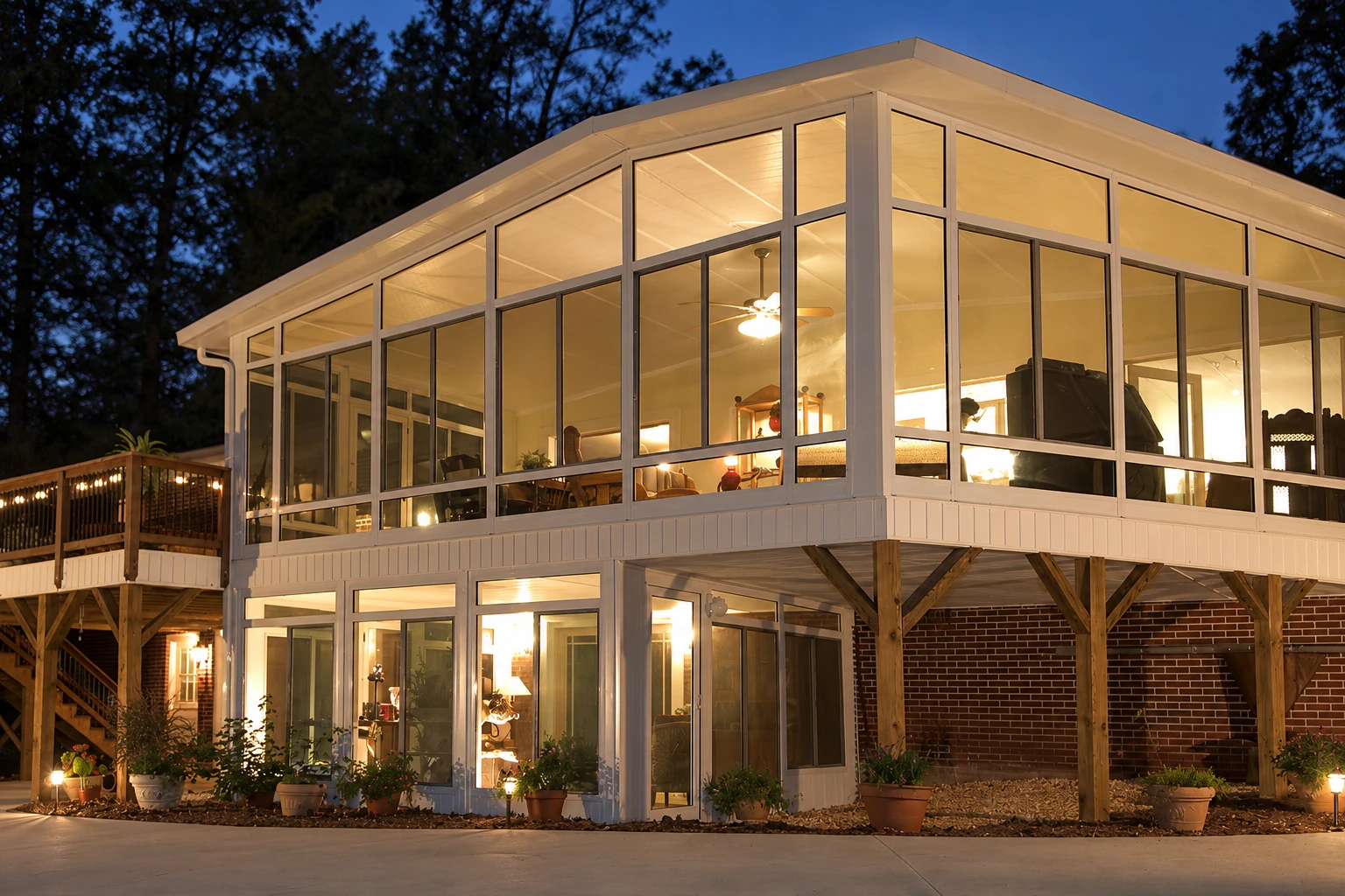 Two-story all-season sunroom with a peaked roof and white-framed glass walls glowing at dusk.