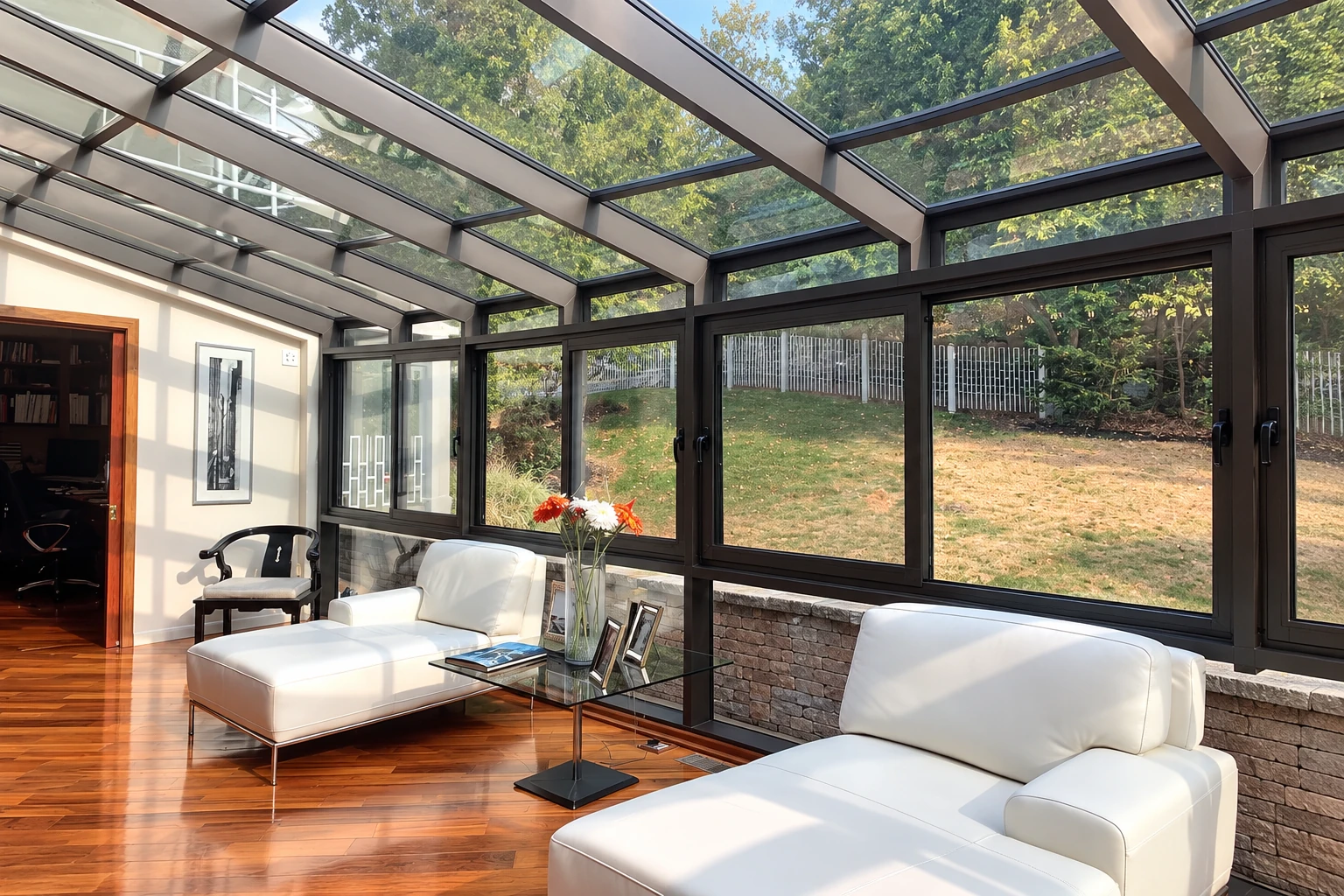 Custom sunroom with a glass-paneled roof, dark frames, white sofas, and polished wood flooring.