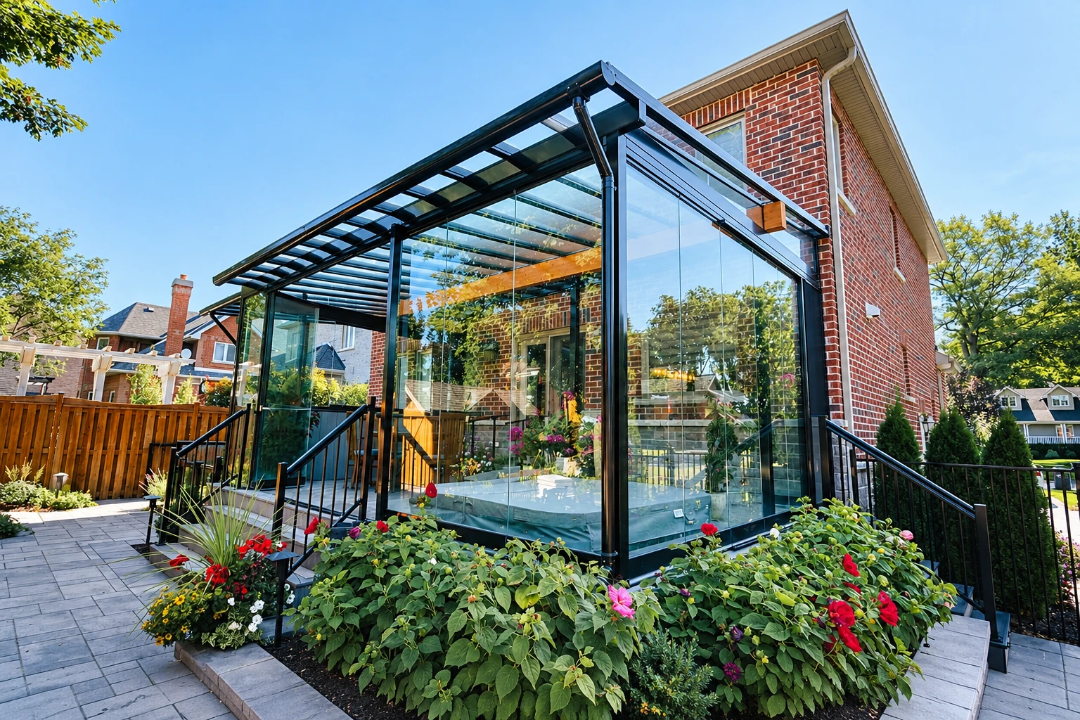 Modern glass sunroom with a black frame and transparent roof stands beside a brick house and flower garden.