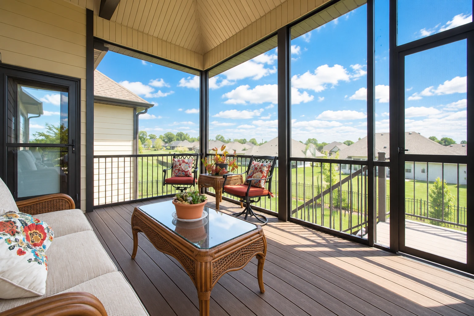 A screened-in deck has dark framing, wood flooring, wicker seating, and views of neighboring homes and lawns.