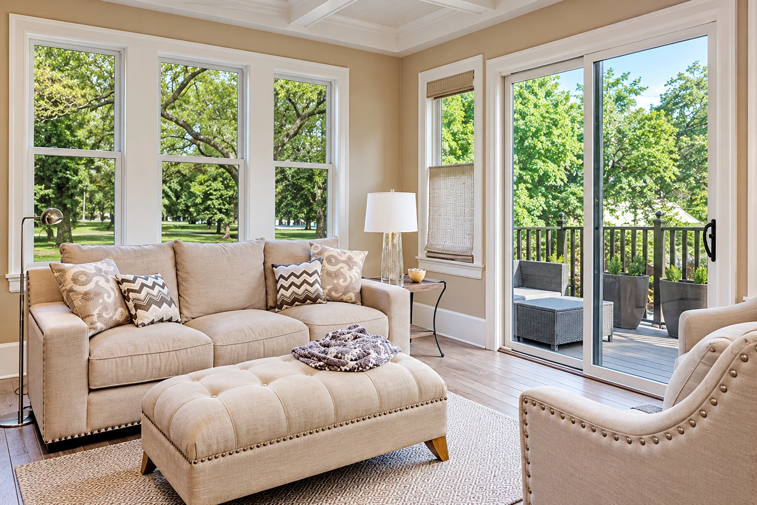 A bright sunroom with large windows, beige seating and a sliding glass door opens onto a deck.