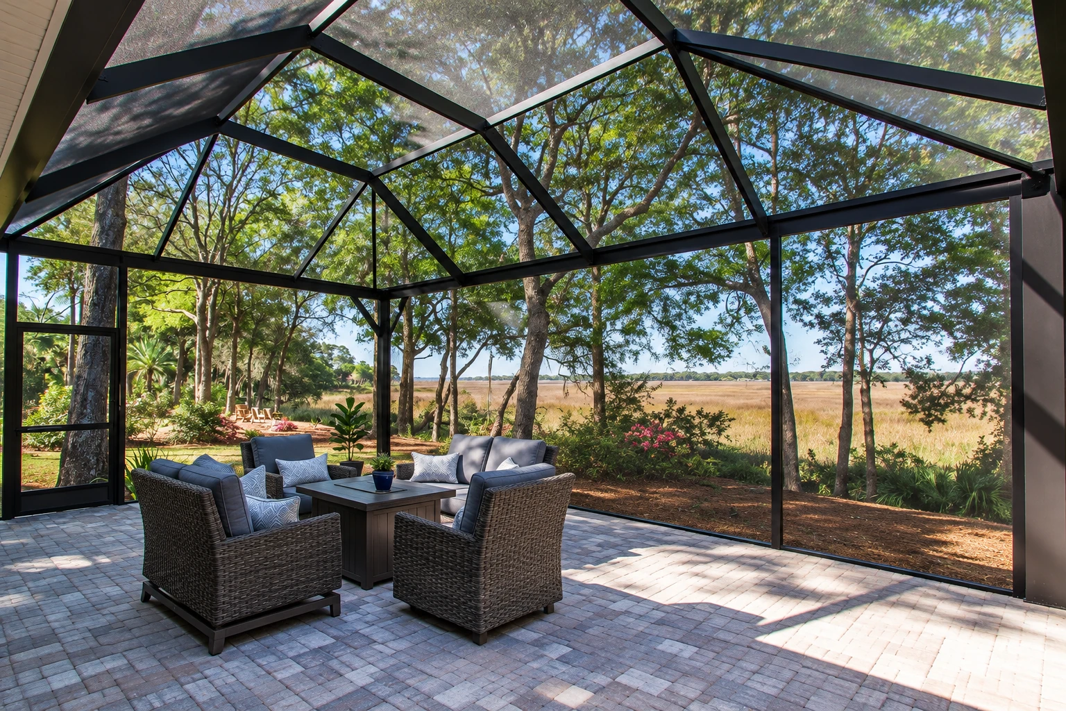 A screened patio enclosure with a black peaked frame shelters wicker seating on a paved floor, overlooking trees and a grassy field.