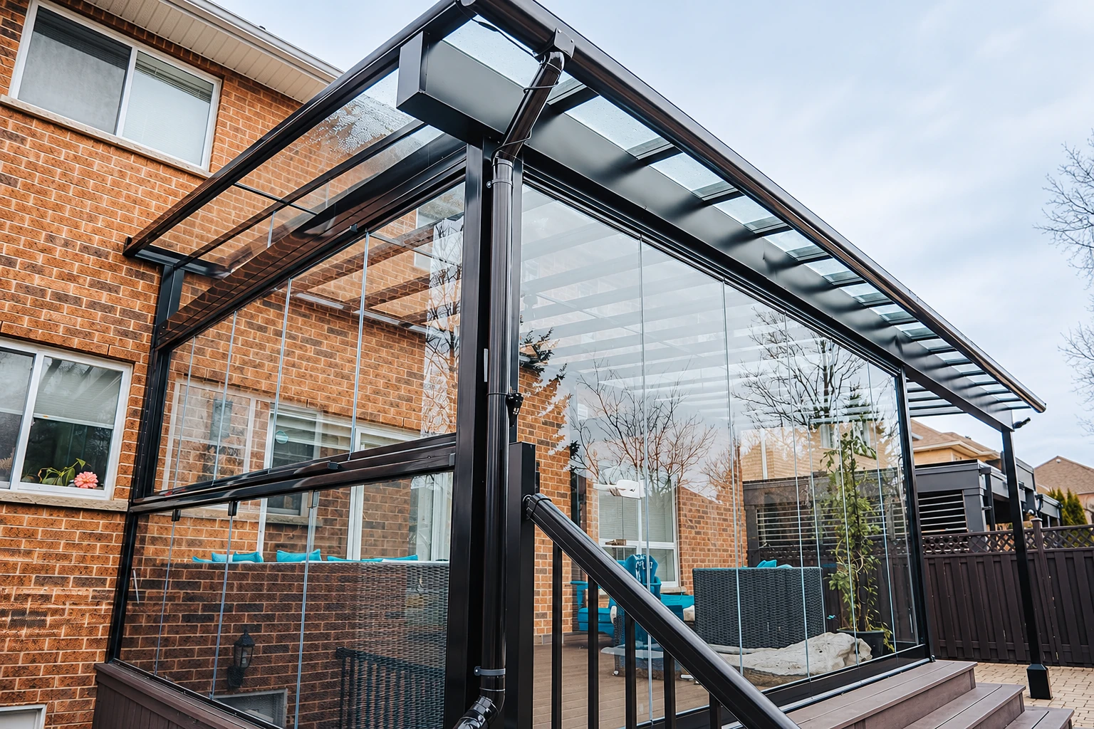 Black-framed glass patio cover attached to a brick house, with a sloped transparent roof and deck.
