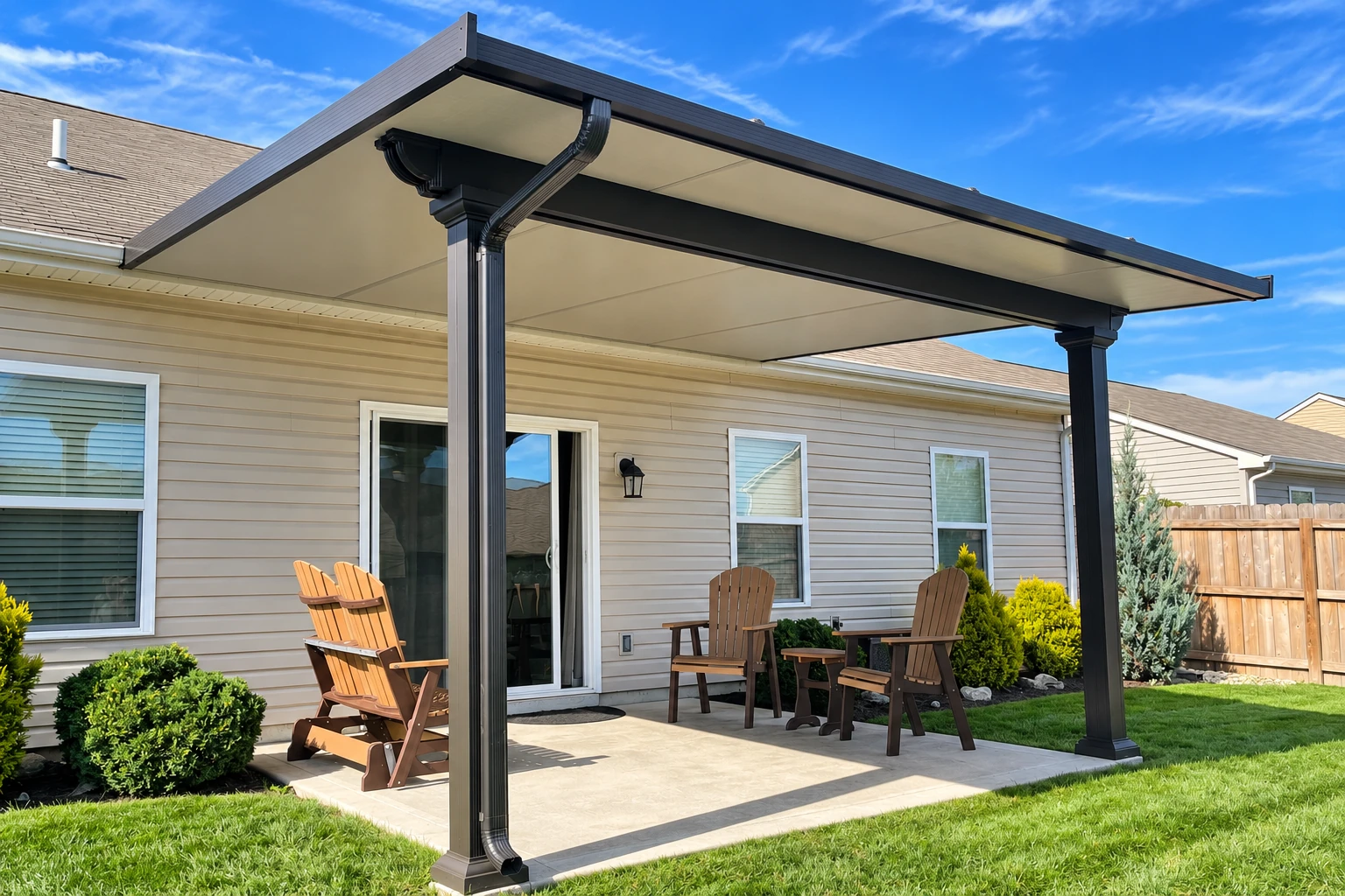 Dark-framed patio cover with a light-colored ceiling shelters a paved seating area beside a house.