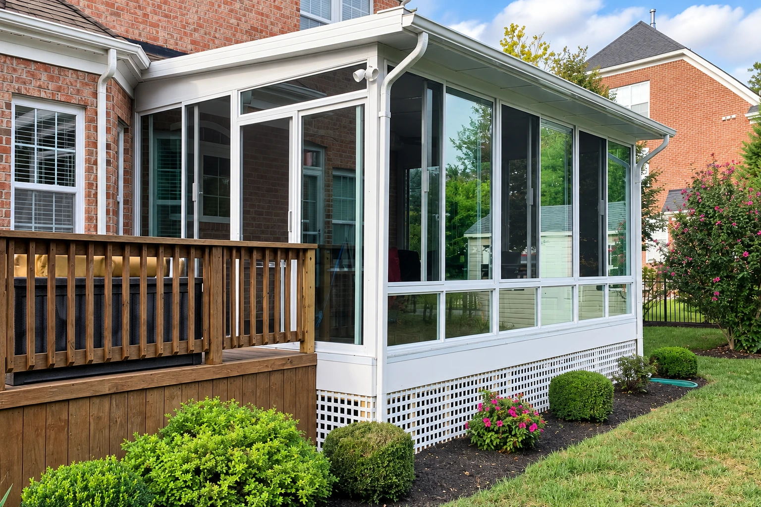 White-framed glass patio enclosure attached to a brick home, with a sloped roof and flower beds along its base.