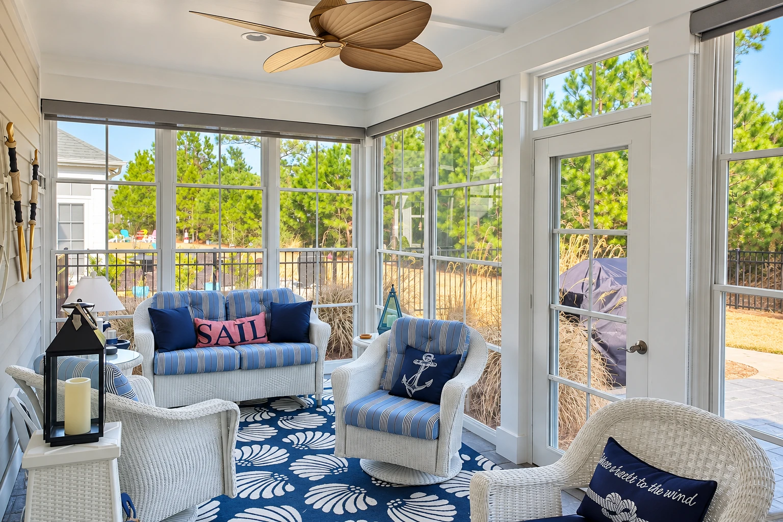 A white-framed sunroom with large windows features wicker seating, blue nautical cushions and a ceiling fan.