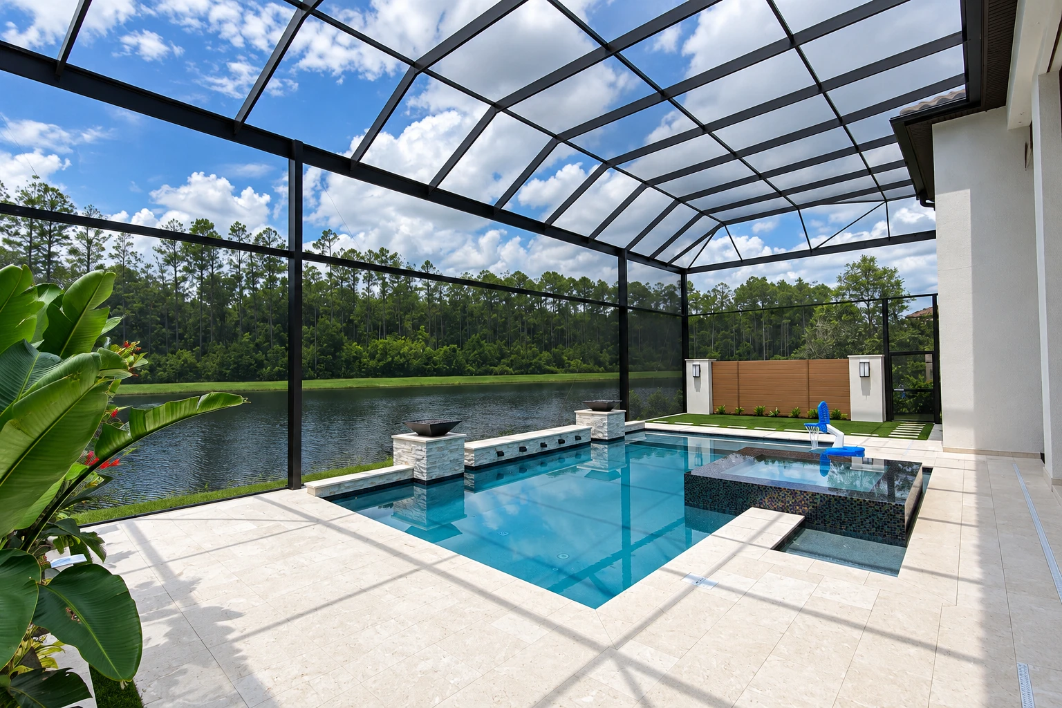 A black-framed screen enclosure covers a swimming pool and patio beside a lake, with a mesh roof open to the blue sky.