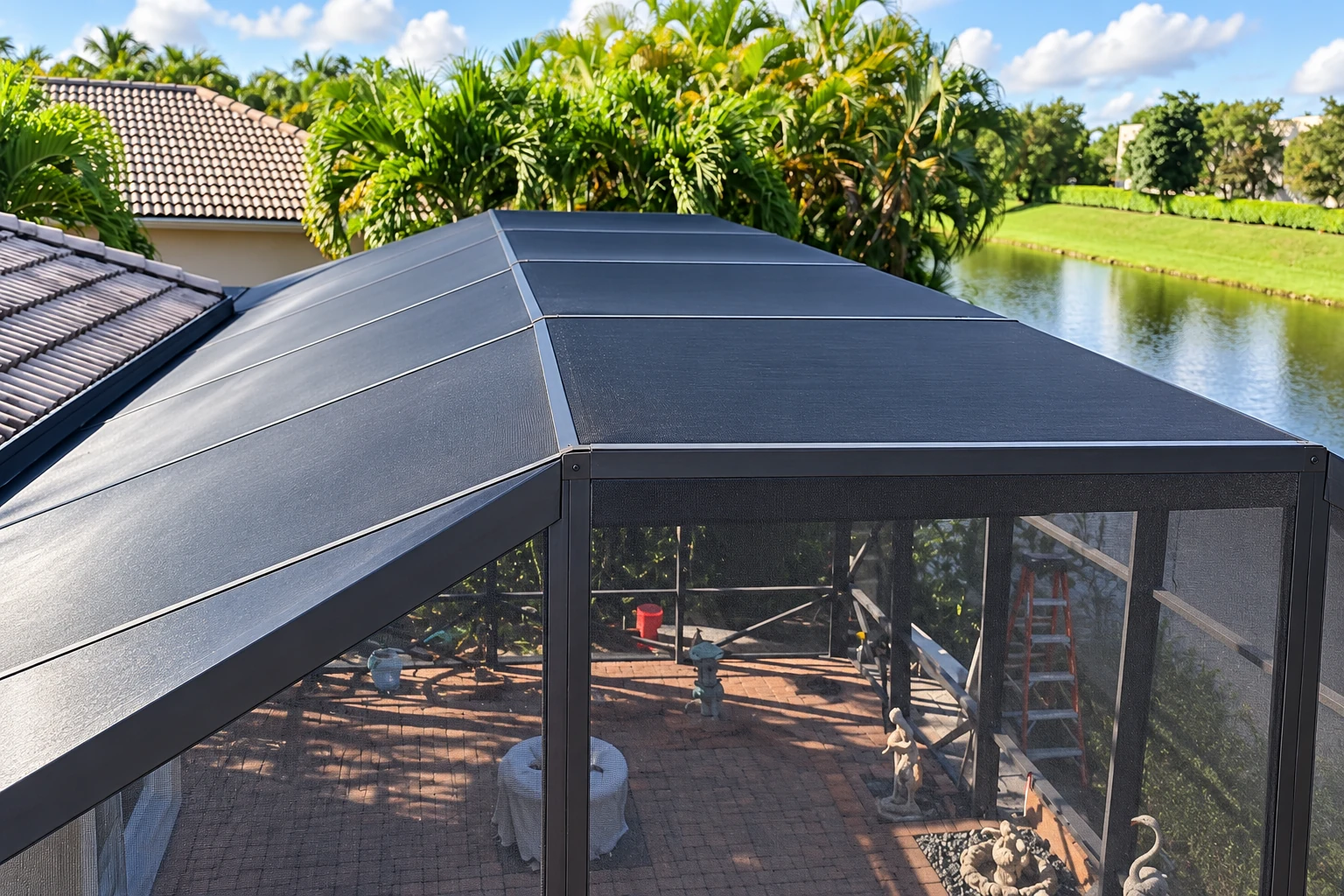 A dark mesh screen room with a sloped roof overlooks a garden pond, seen from above.