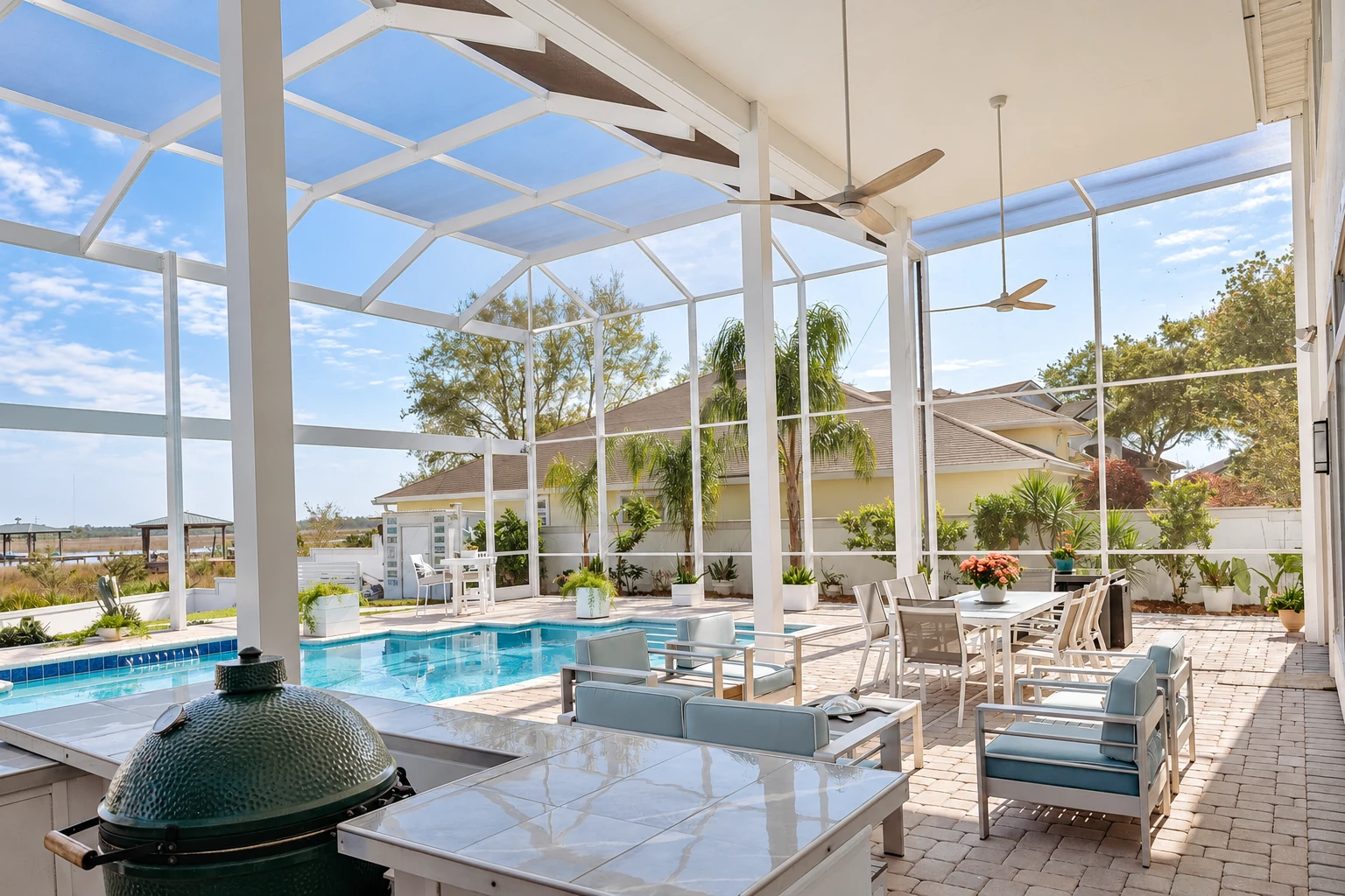 Bright solarium with a white-framed glass enclosure around a pool and furnished patio.
