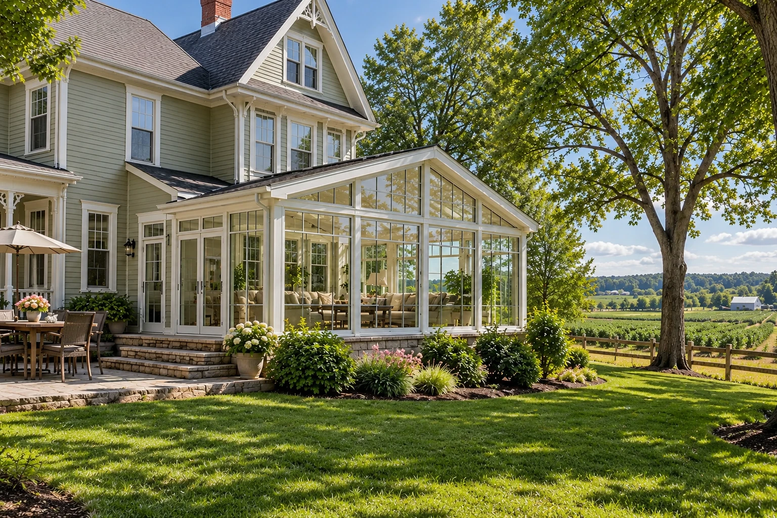 Glass solarium addition with a white frame extends from a gray-green house beside a landscaped lawn and rural fields.
