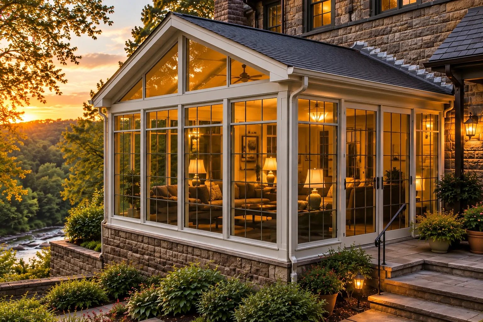 A white-framed sunroom addition glows at sunset beside a stone house, with a gabled roof, large windows, and a wooded hillside view.