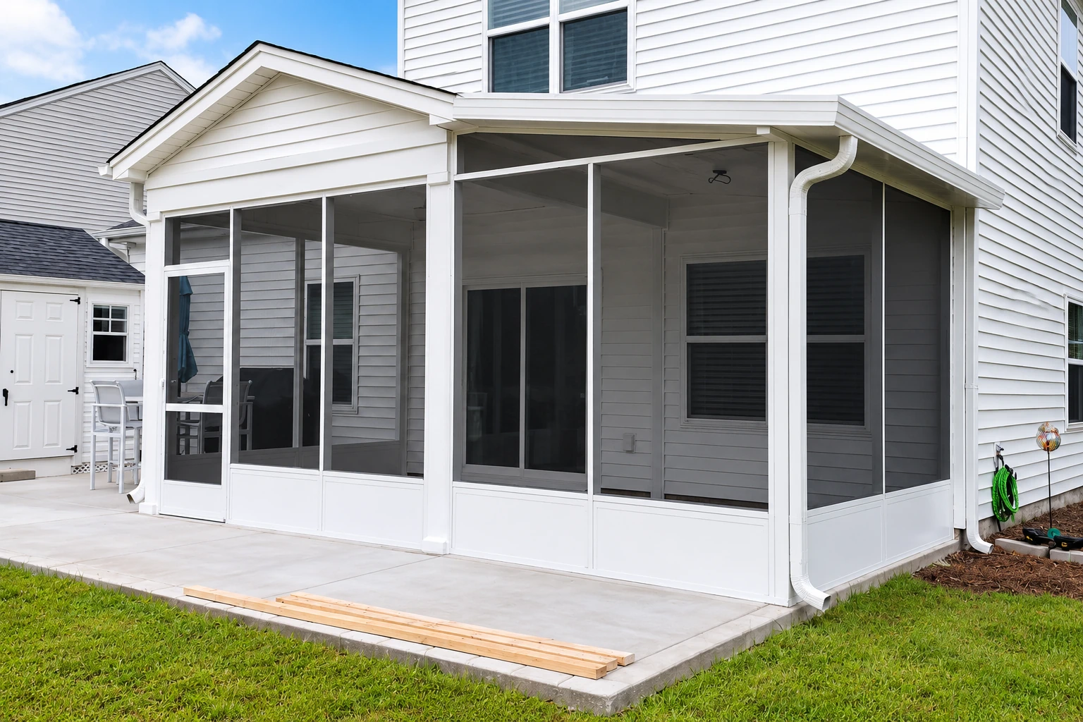 White-framed screened patio enclosure attached to a white-sided house, with a concrete floor and lawn outside.