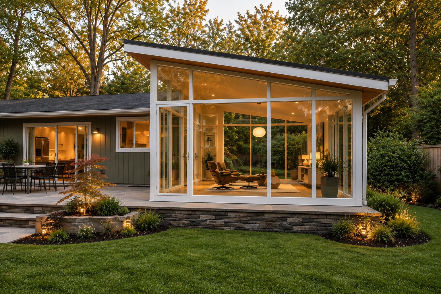 Modern glass sunroom with a slanted roof, warm interior lighting, and a landscaped garden at dusk.
