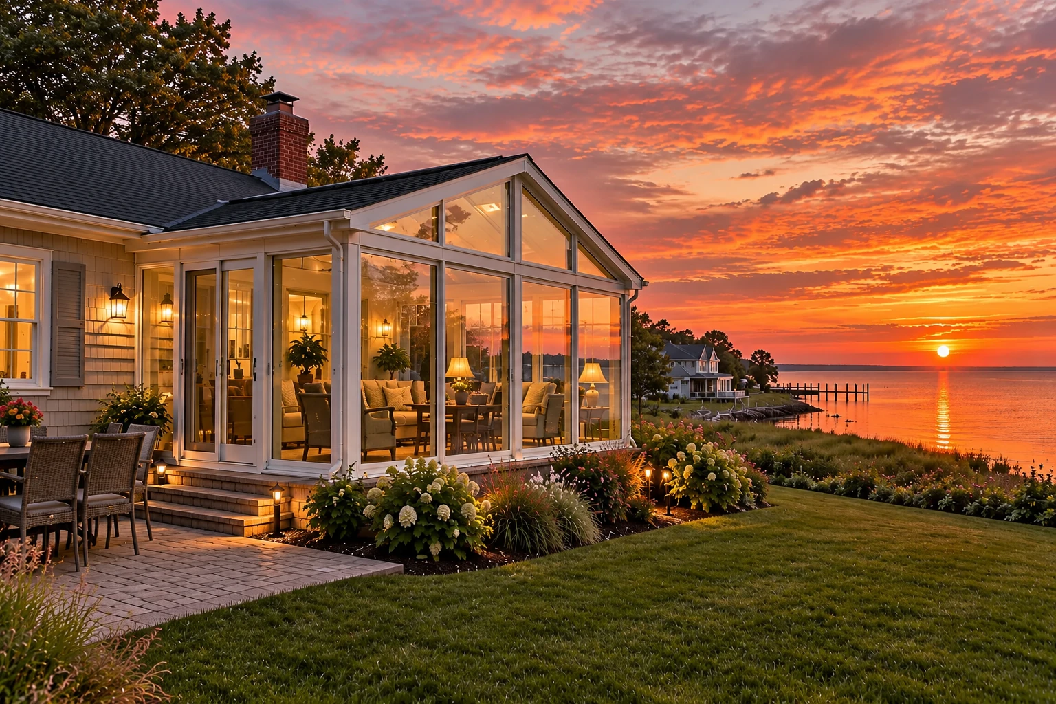 A glass sunroom with a white gabled roof glows at sunset beside a calm waterfront.