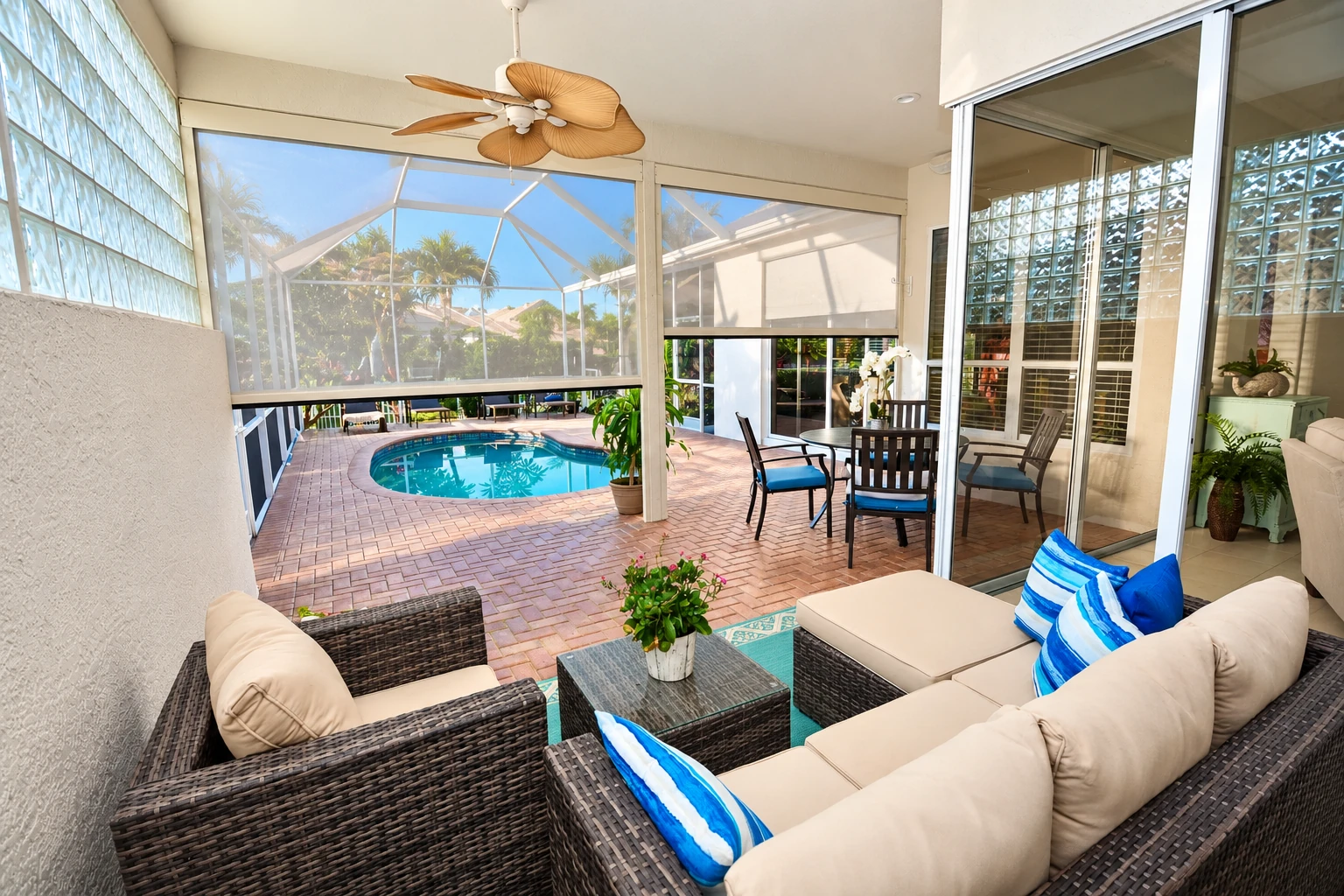 A bright enclosed patio has wicker seating, glass walls, and a screened pool area beyond.