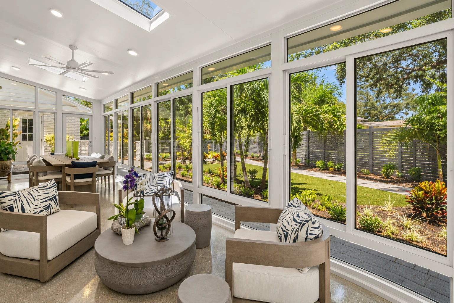 Modern sunroom with floor-to-ceiling white-framed windows, neutral seating, and a sunny landscaped garden outside.