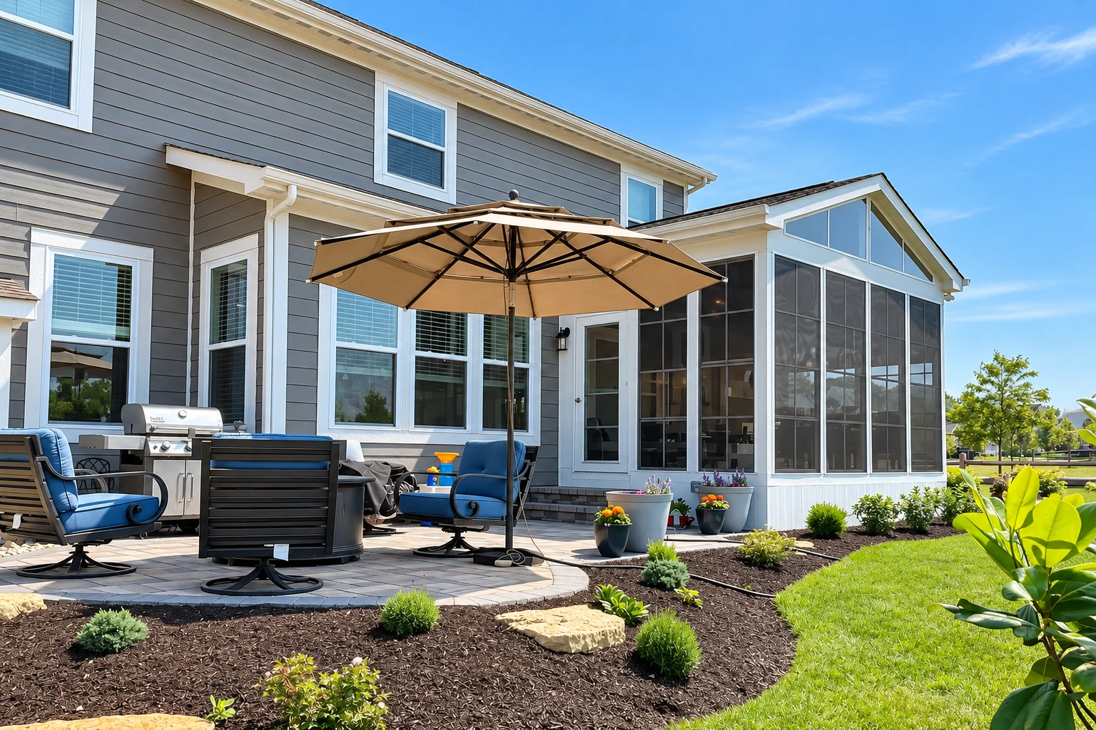 Three-season sunroom attached to a gray house, with screened walls beside a sunny patio and garden.