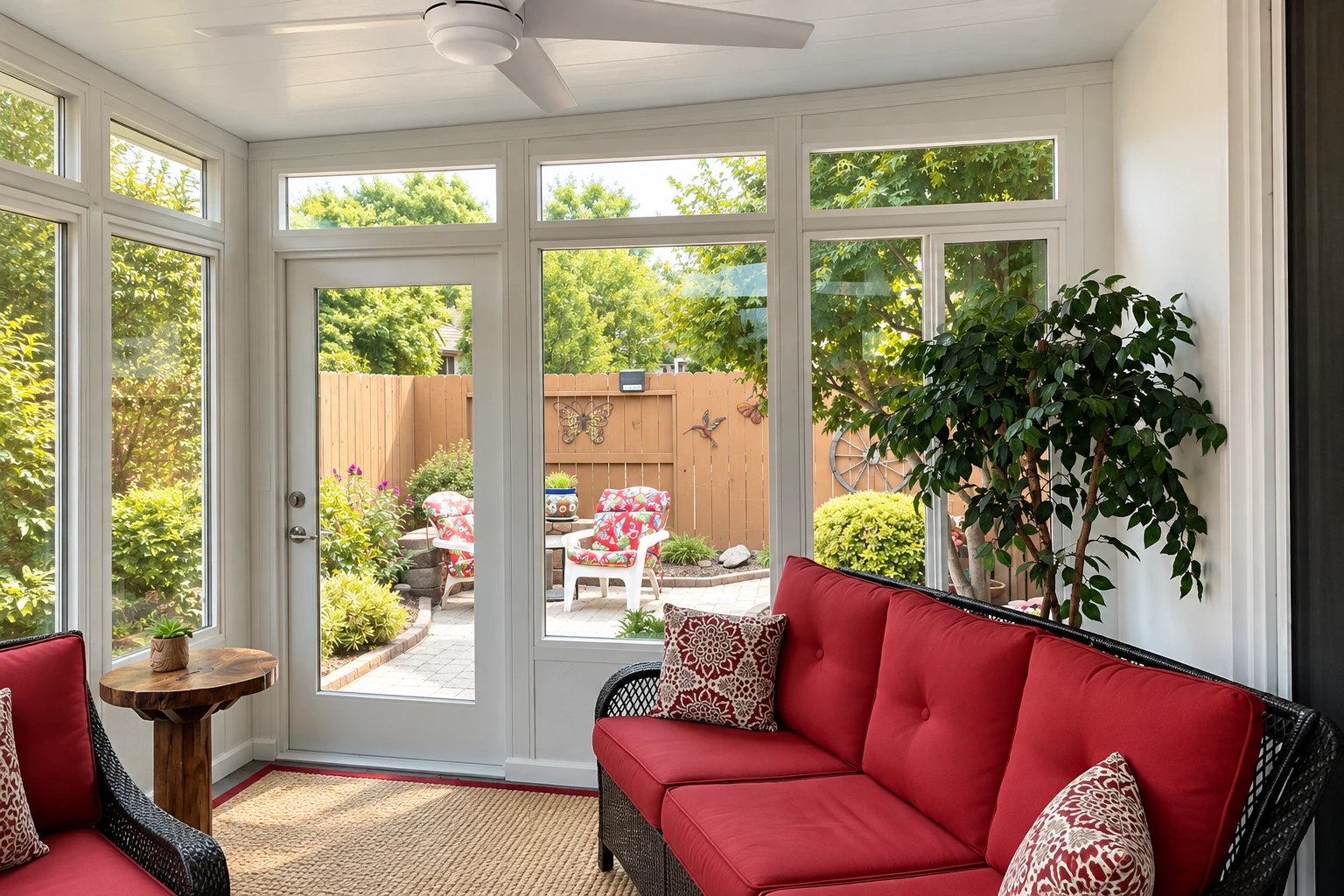 Three-season sunroom with white-framed windows, red cushioned seating, and a garden visible through the glass.