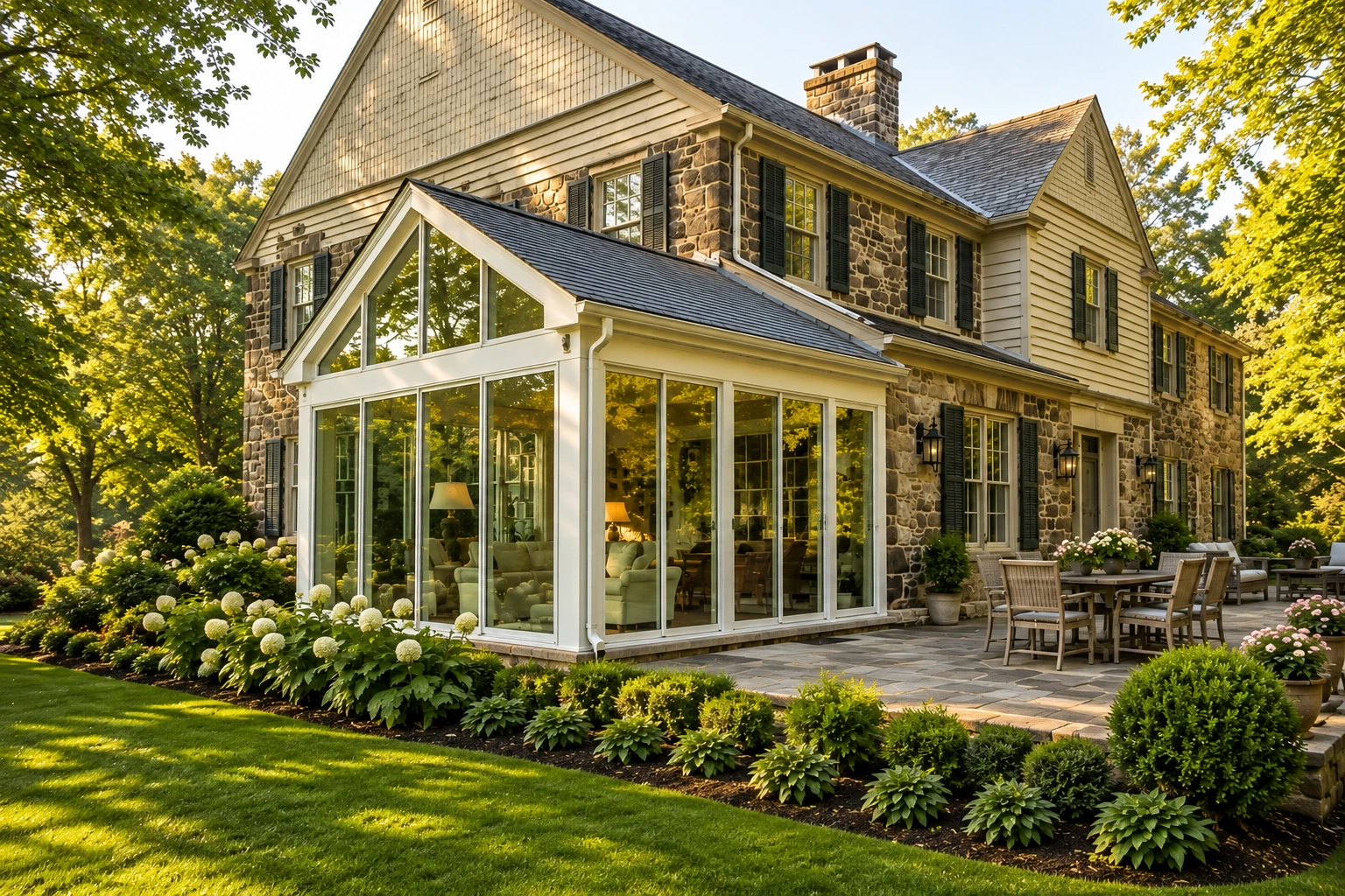 White vinyl sunroom with tall windows and a gabled glass section extends from a stone house onto a landscaped patio.